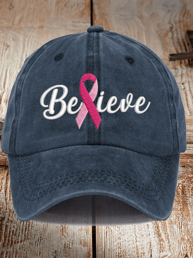Breast Cancer Believe Ribbon Print Hat