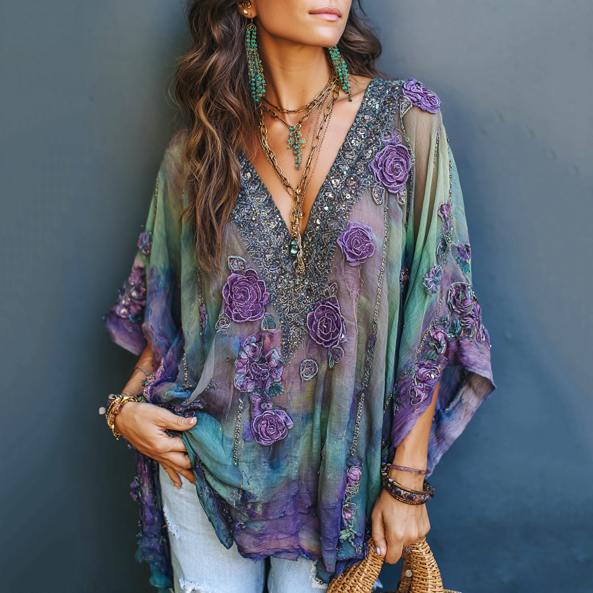 Women's Vintage Purple Rose Embroidery Gradient Print V-neck 3/4 Sleeve T-shirt