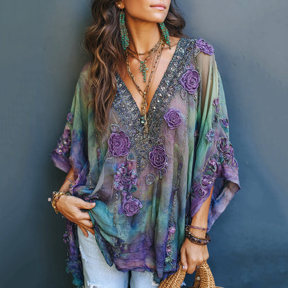 Women's Vintage Purple Rose Embroidery Gradient Print V-neck 3/4 Sleeve T-shirt