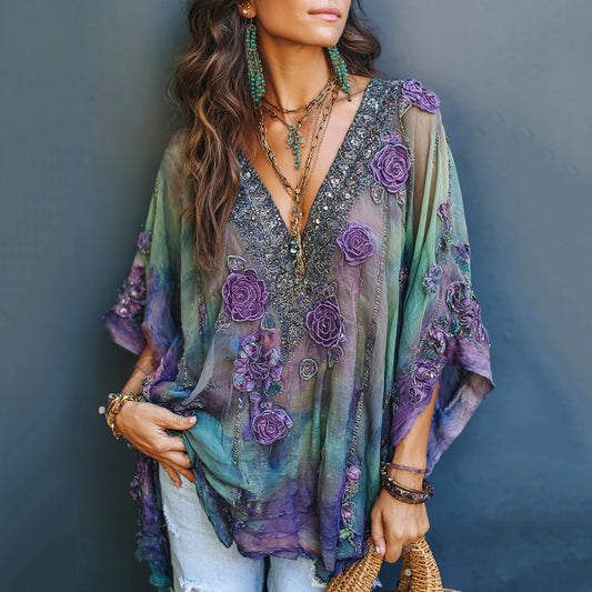 Women's Vintage Purple Rose Embroidery Gradient Print V-neck 3/4 Sleeve T-shirt