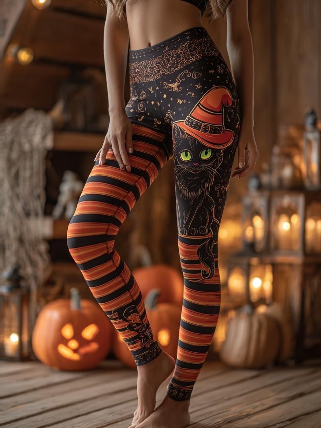 Women's Retro Pumpkin And Black Cat Print Leggings