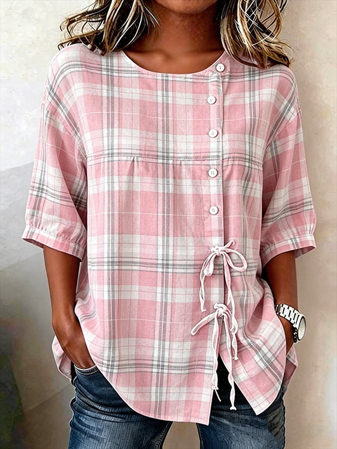 Women's Pink Plaid Button Lace Up Tie Shirt