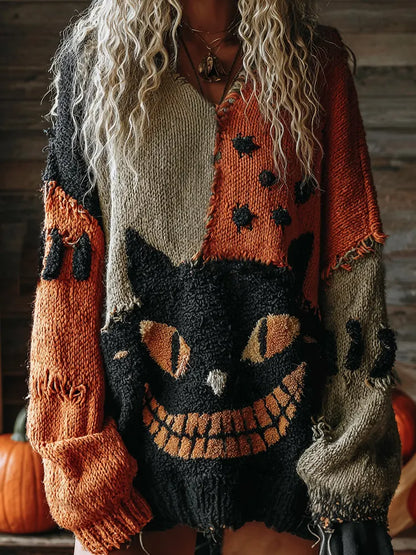 Halloween Cute Cat Face Art Cozy Knit Sweater