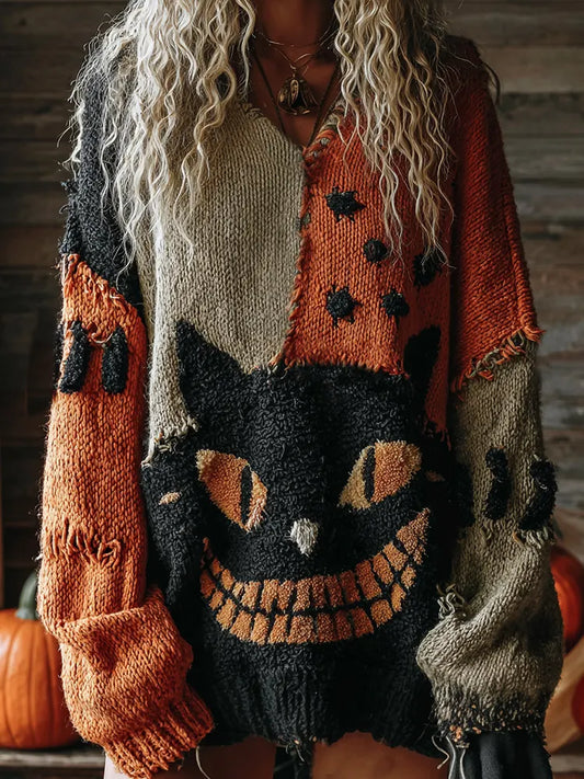 Halloween Cute Cat Face Art Cozy Knit Sweater
