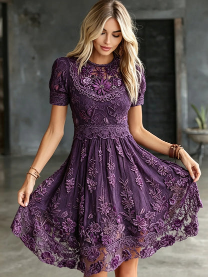 Women's Retro Purple Floral Embroidery Round Neck Dress