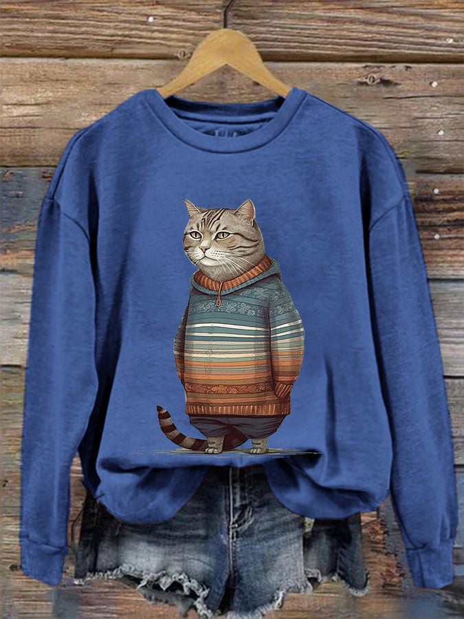 Women's Winter Cat Print Crew Neck Sweatshirt