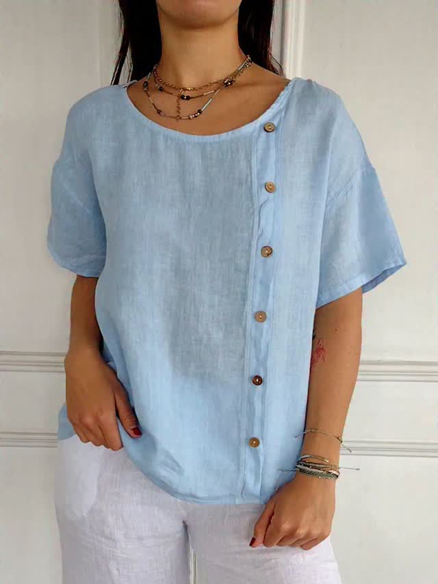 Casual Cotton Linen Side Buttons Tops