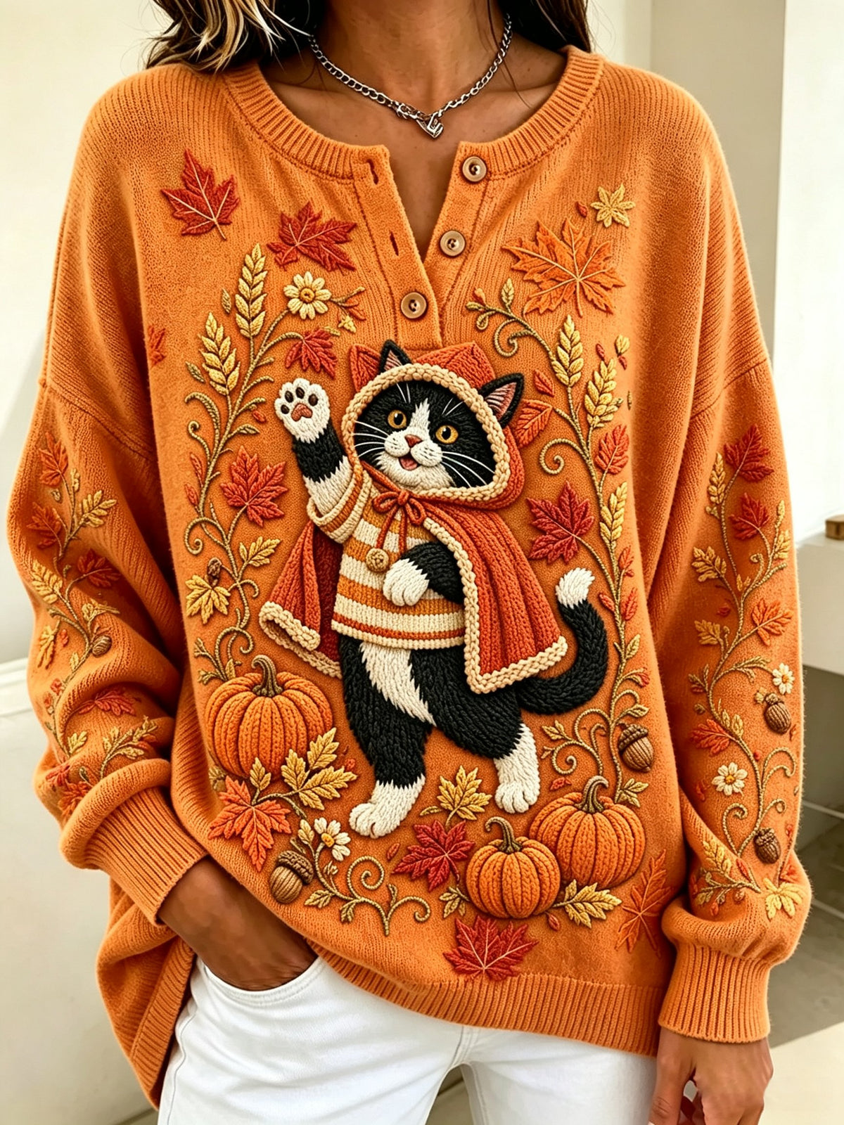 Women's Casual Print Button-Up Collar Knit Top
