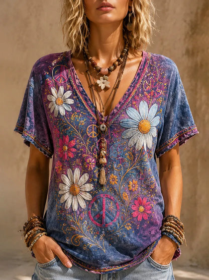 Vintage Floral Peace Sign Gradient Linen T-shirt