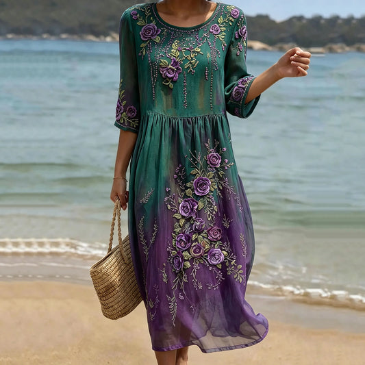 Women's Purple Rose Floral Gradient Pattern Mid-sleeve Casual Dress