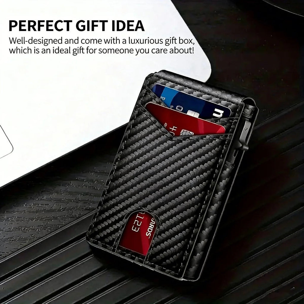 💼🔒Premium Aluminum RFID Blocking Minimalist Wallet for Men - Pop-Up Card Access, Money Clip & ID Window
