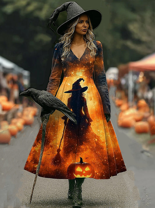 Women's Halloween Art Print V Neck Long Sleeve Maxi Dress