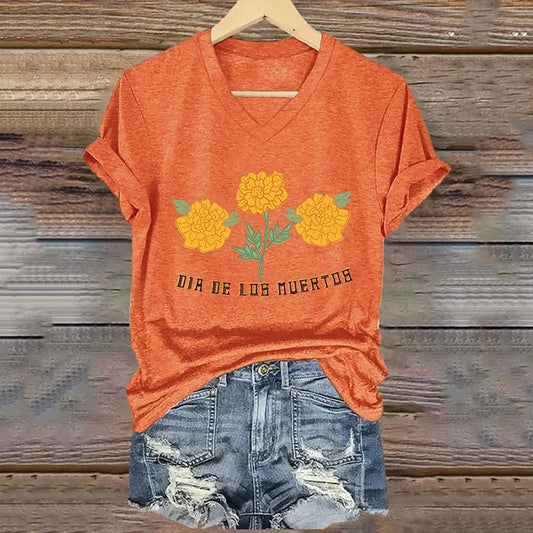 Mexican Retro Day Of The Dead Dia De Los Muertos Inspired Painting V-Neck T-Shirt