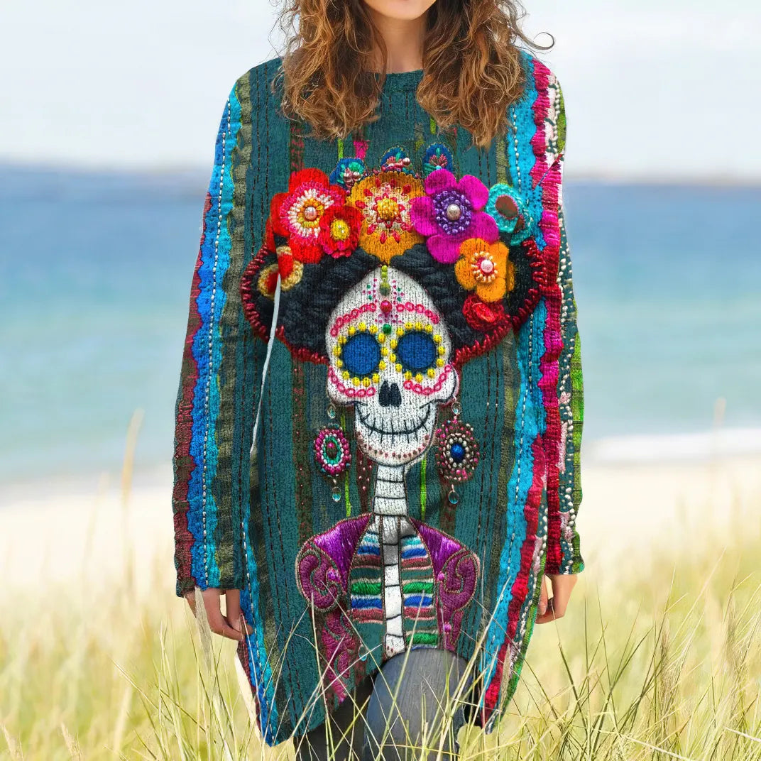 Vintage Mexican Sugar Skeleton Catrina Day Of The Dead Inspired Pattern Long-Sleeve Wool Midi Dress