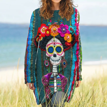 Vintage Mexican Sugar Skeleton Catrina Day Of The Dead Inspired Pattern Long-Sleeve Wool Midi Dress