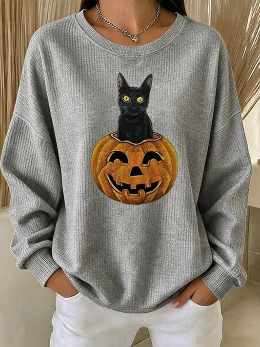 Women's Halloween Cat Print Sweatshirt