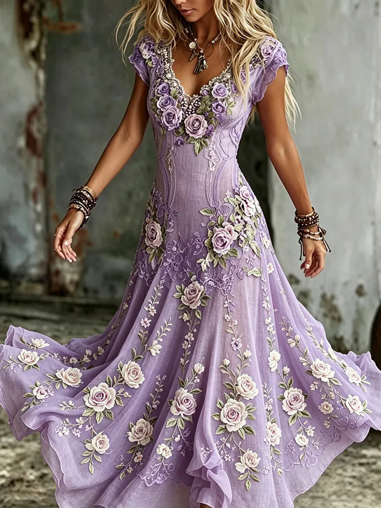 Women's Vintage Rose Embroidered Art V-neck Flowy Maxi Dress