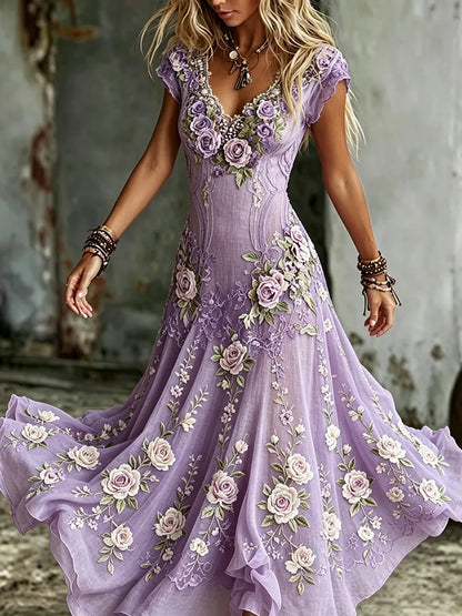 Women's Vintage Rose Embroidered Art V-neck Flowy Maxi Dress