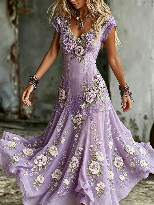 Women's Vintage Rose Embroidered Art V-neck Flowy Maxi Dress