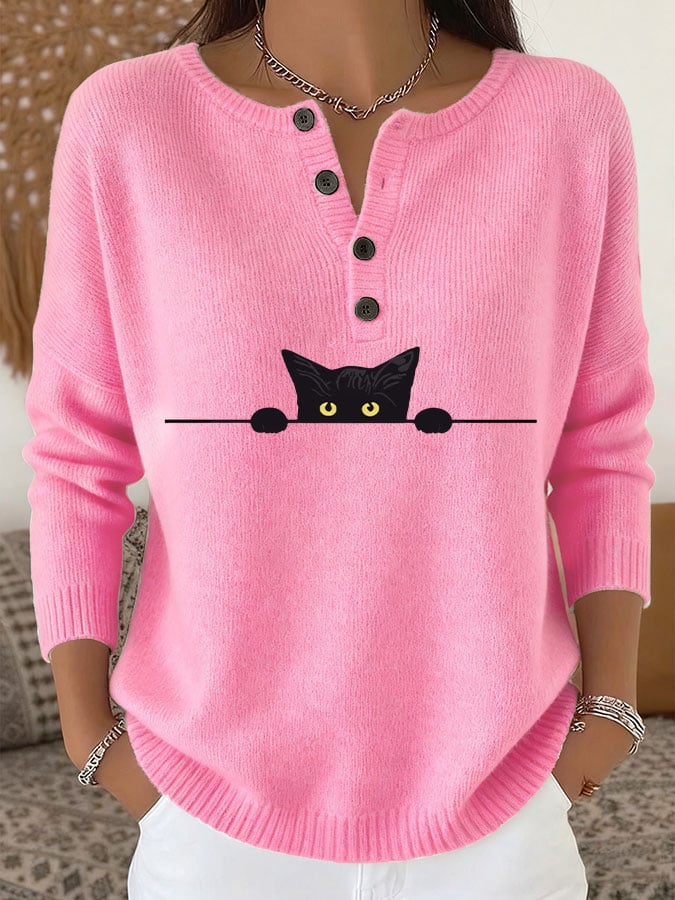 Women's Casual Cat Print Knit Top