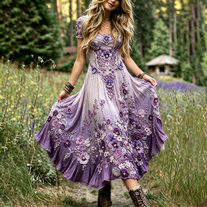 Women's Purple Pansy Print Alzheimer's Awareness Casual Round Neck Dress