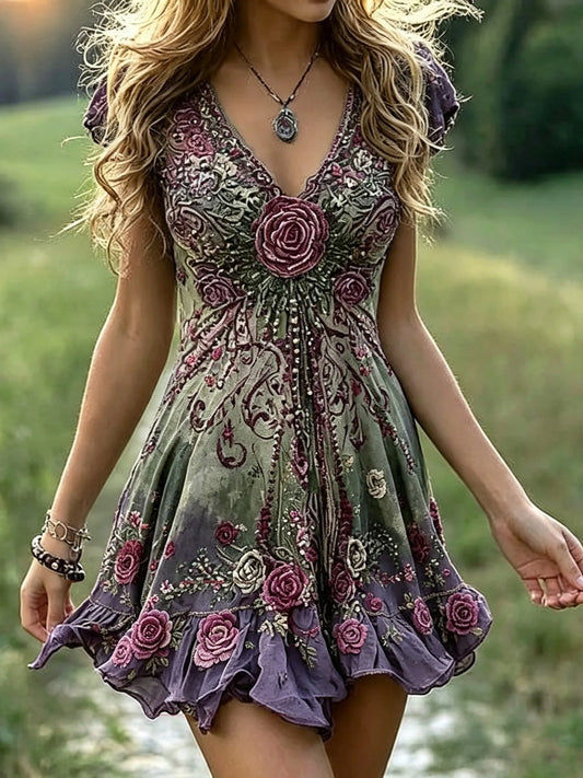 Women's Retro Bohemian Style Rose Floral Embroidery Print Dress