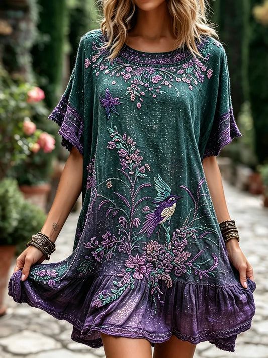 Women's Retro Floral Hummingbird Embroidered Casual Cotton Linen Round Neck Dress