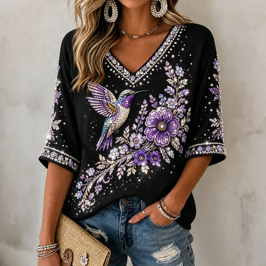 Women's Purple Floral & Hummingbird Hot Drill Print Alzheimer's Awareness V-neck T-shirt