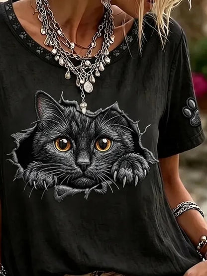 Women'S Casual Cat-Print Top