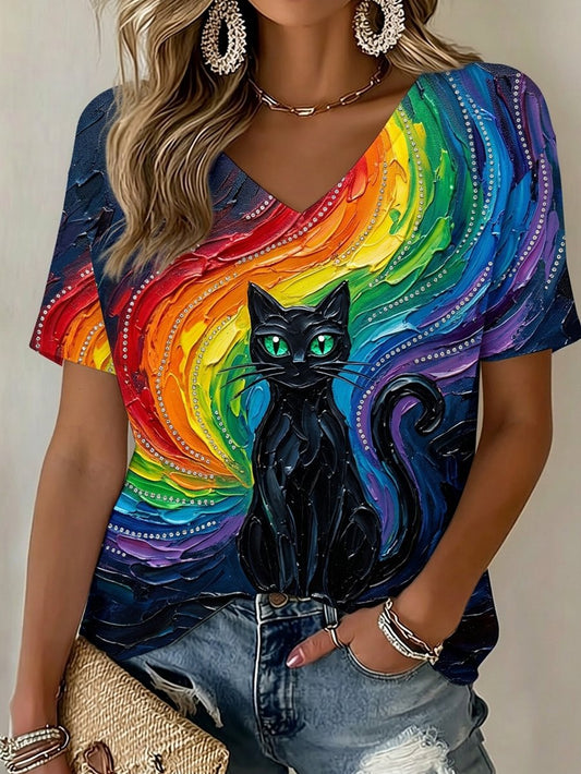 Women's Rainbow Cat Print V-Neck T-shirt