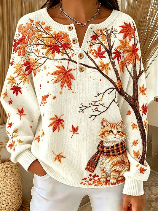 Women's Casual Print Button-Up Collar Knit Top