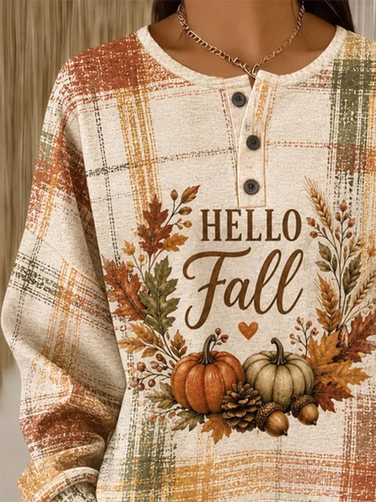 Women's Casual Printed Waffle-Knit Henley Sweatshirt