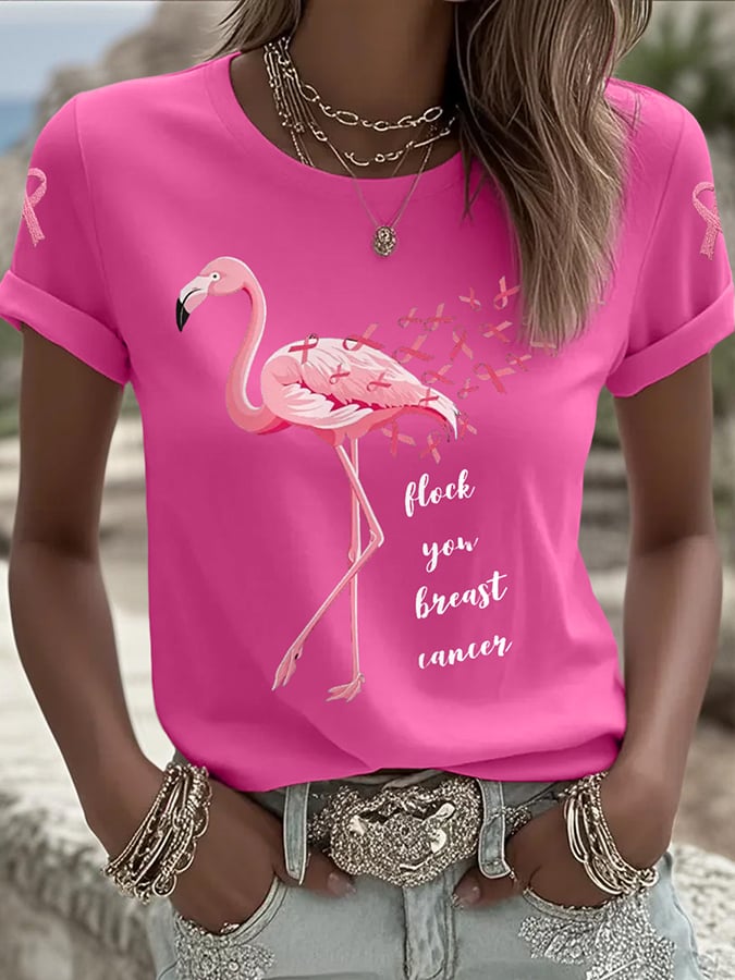 Women's Flamingo Breast Cancer Awareness Printed Round Neck T-Shirt