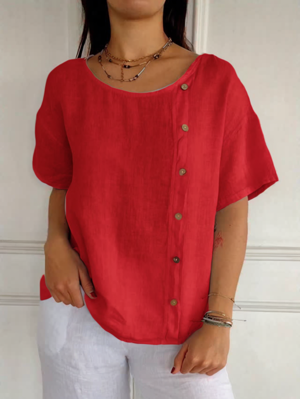 Casual Cotton Linen Side Buttons Tops