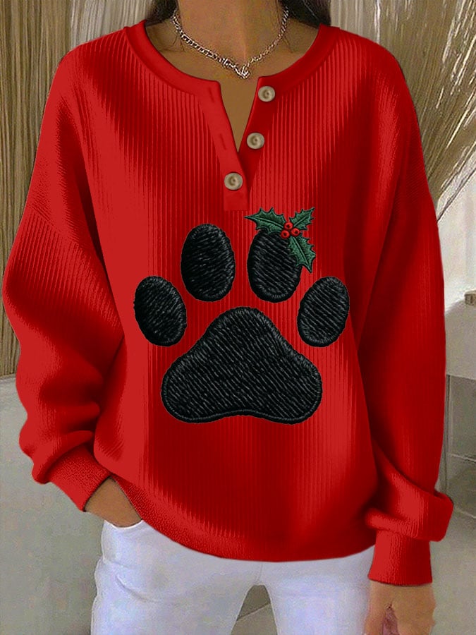 Women's Paw Print Knitted Crew Neck Long Sleeve Top