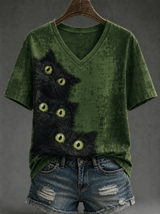 Women's Retro Black Cat Print V-Neck Top