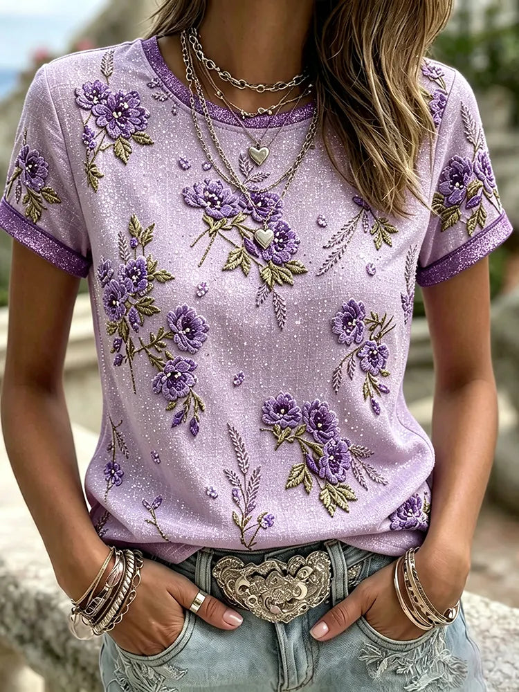 Women's Vintage Floral Embroidery Art Pattern Crew Neck Short Sleeve T-shirt