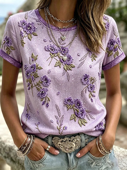 Women's Vintage Floral Embroidery Art Pattern Crew Neck Short Sleeve T-shirt