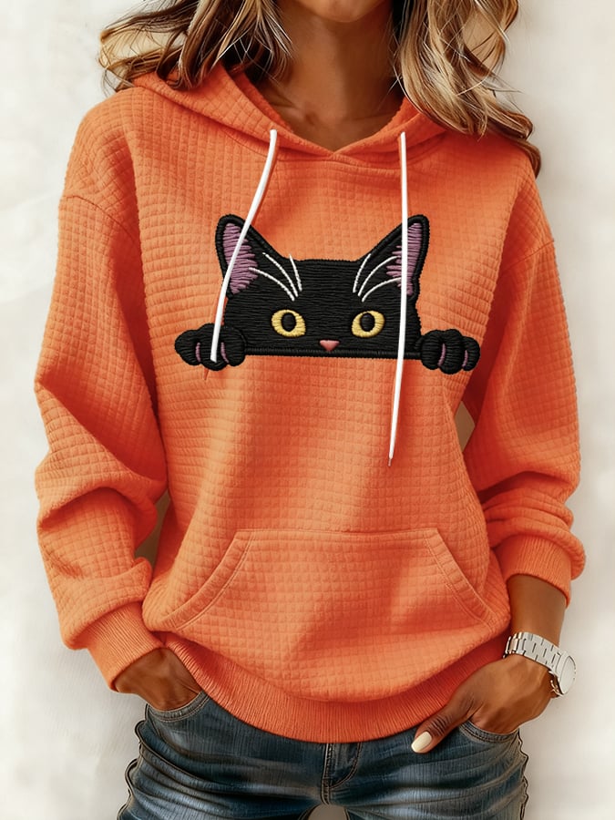 Women's Cat Print Waffle Fabric Hoodie