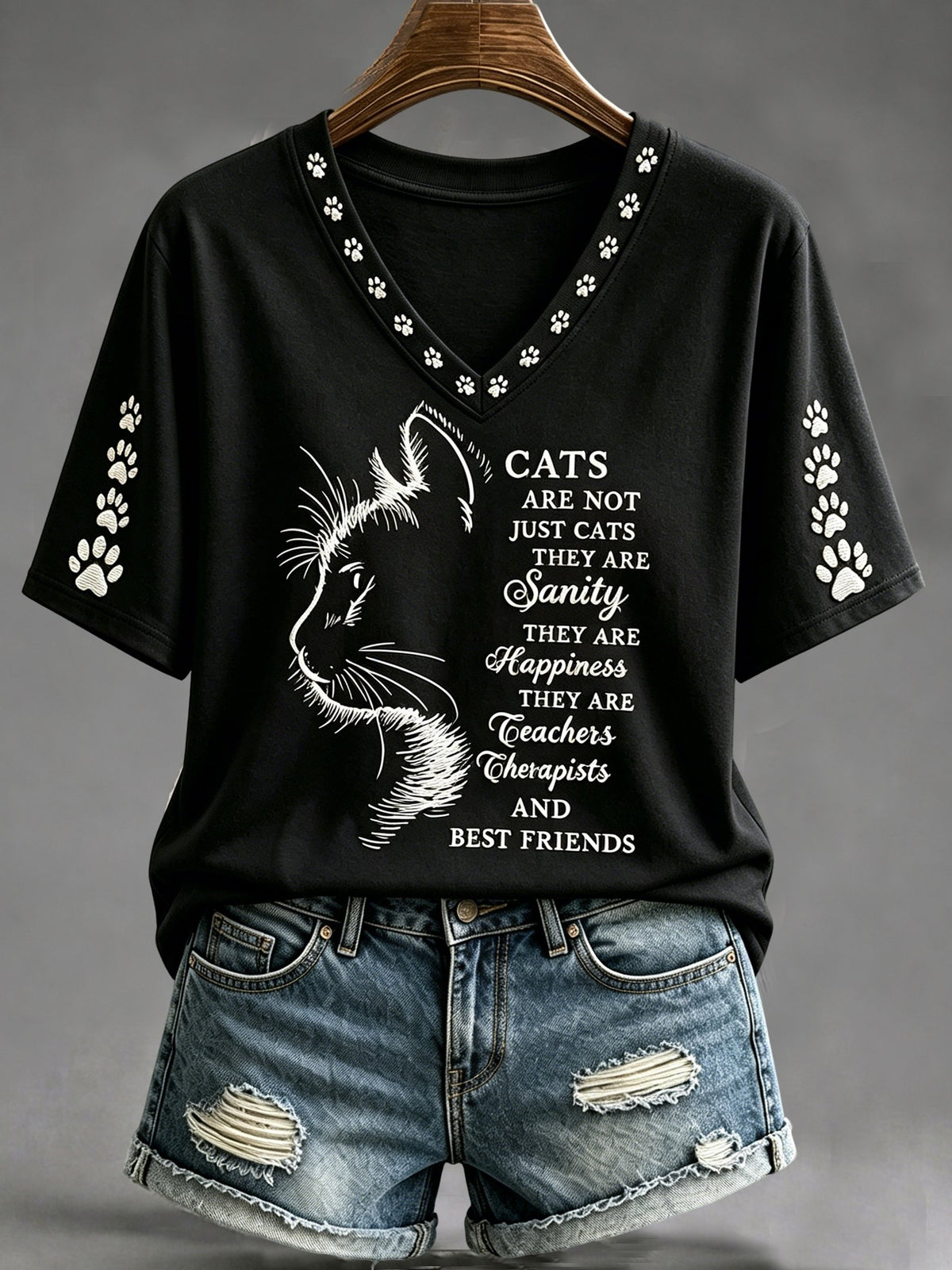 Women's Cat Print V-Neck Top
