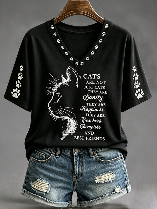 Women's Cat Print V-Neck Top