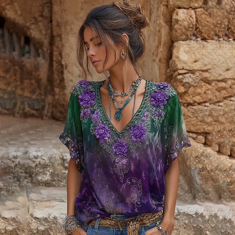 Women's Retro Purple Floral Embroidery Pattern Casual V-neck T-shirt