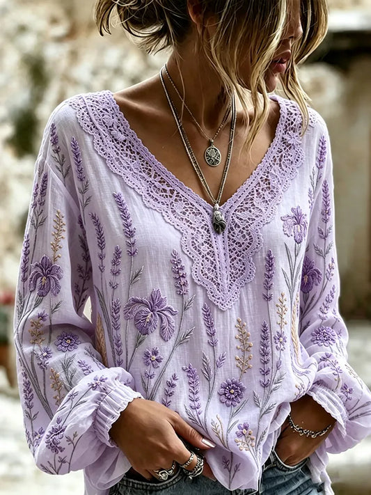 Women's Retro Floral Art Flowy Long Sleeve Linen T-shirt