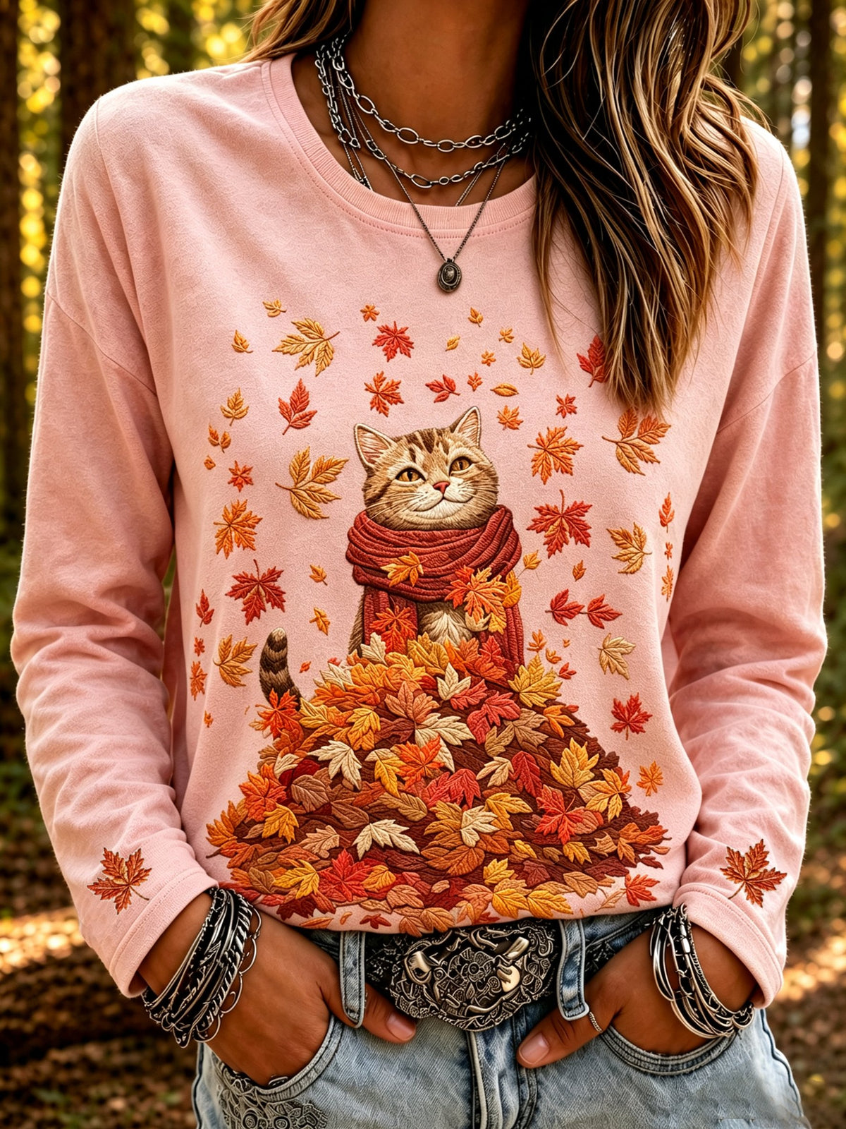 Women's Autumn Scarf Cat Print Long-Sleeved Top