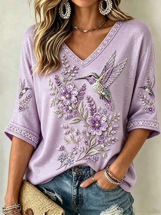Women's Vintage Purple Flowers And Birds Art Three-quarter Sleeve Top