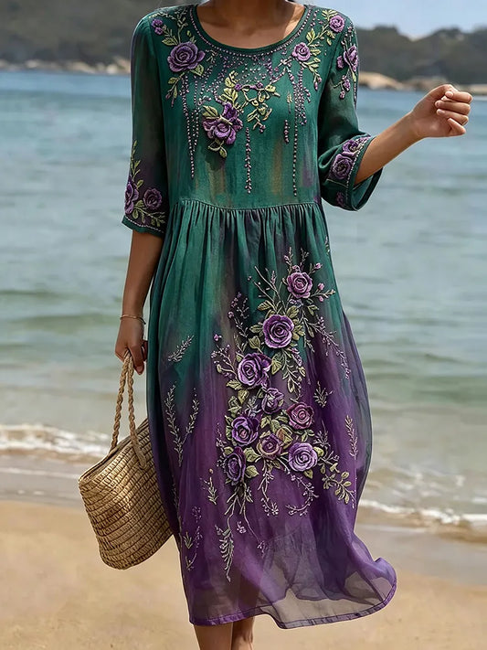 Women's Purple Rose Floral Gradient Pattern Mid-sleeve Casual Dress