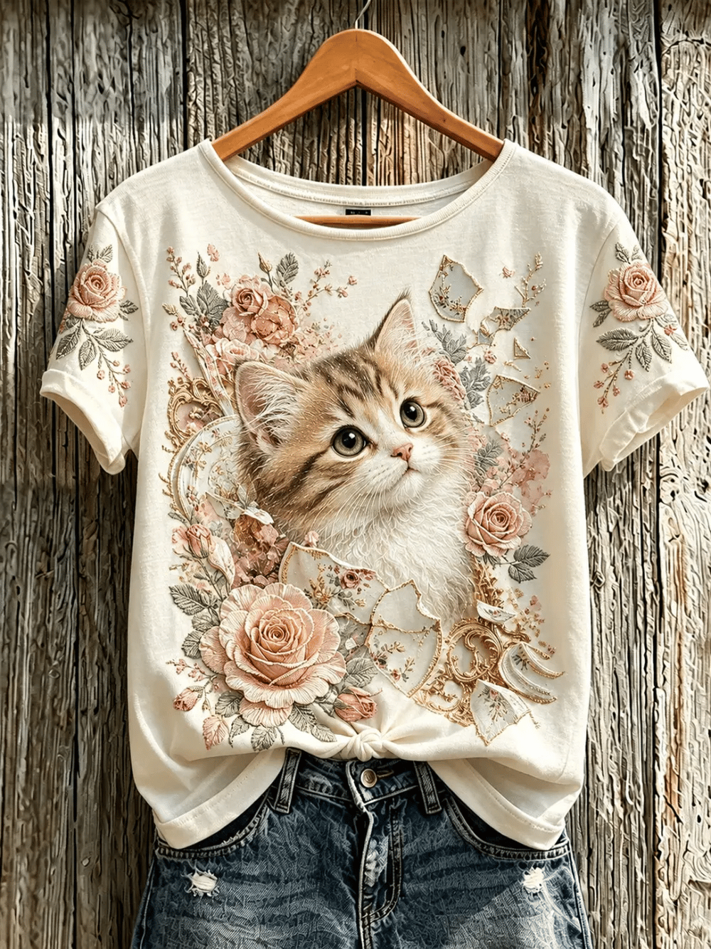 Women's round neck cat print top