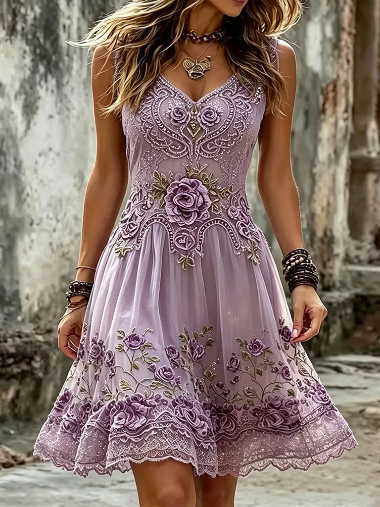 Women's Vintage Purple Rose And Celtic Knot Art Embroidery Casual Sleeveless Short Dress