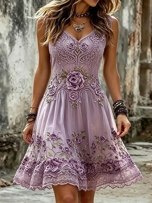 Women's Vintage Purple Rose And Celtic Knot Art Embroidery Casual Sleeveless Short Dress