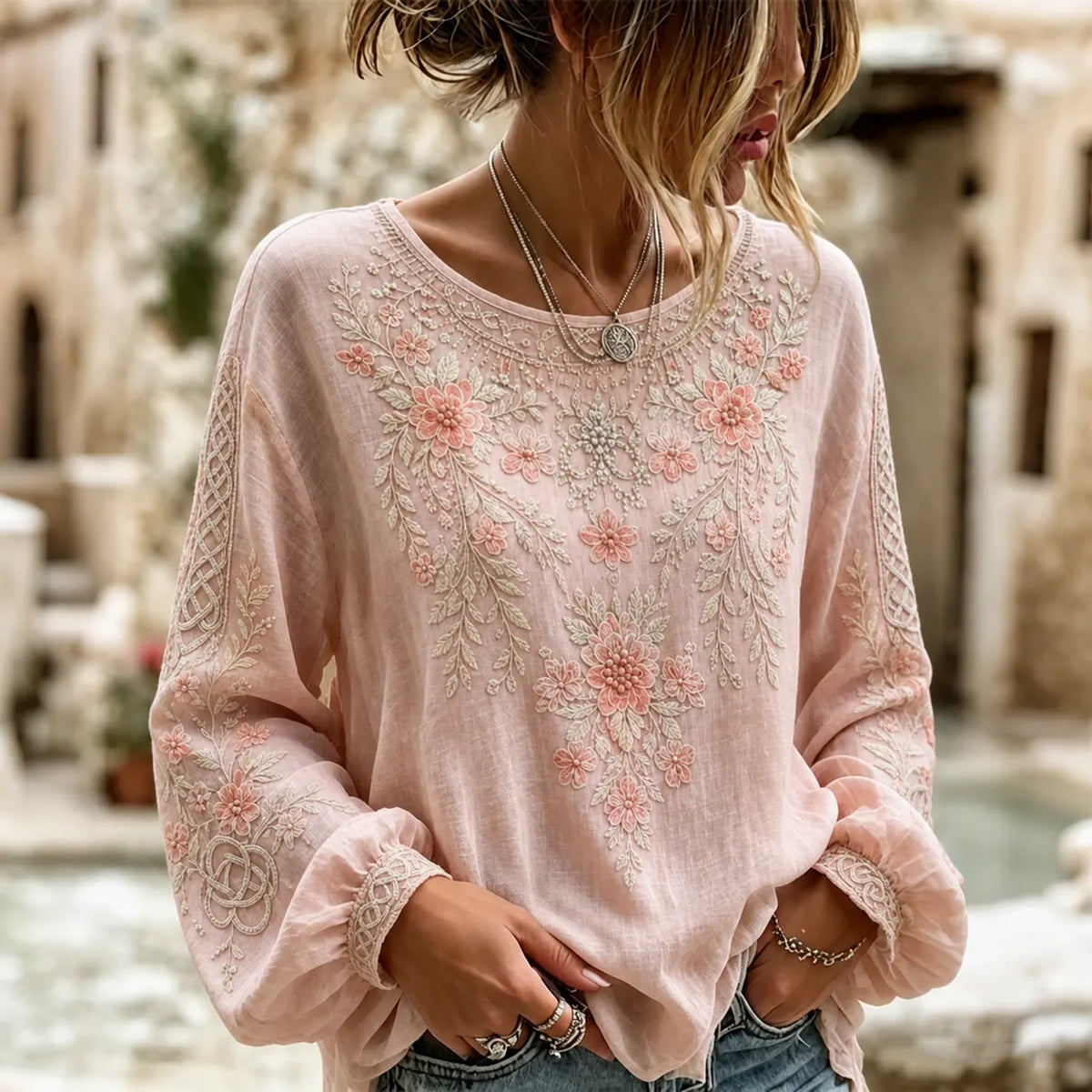 Women's Retro Floral Gradient Cotton Linen V-neck Long-sleeve Cotton Linen T-shirt